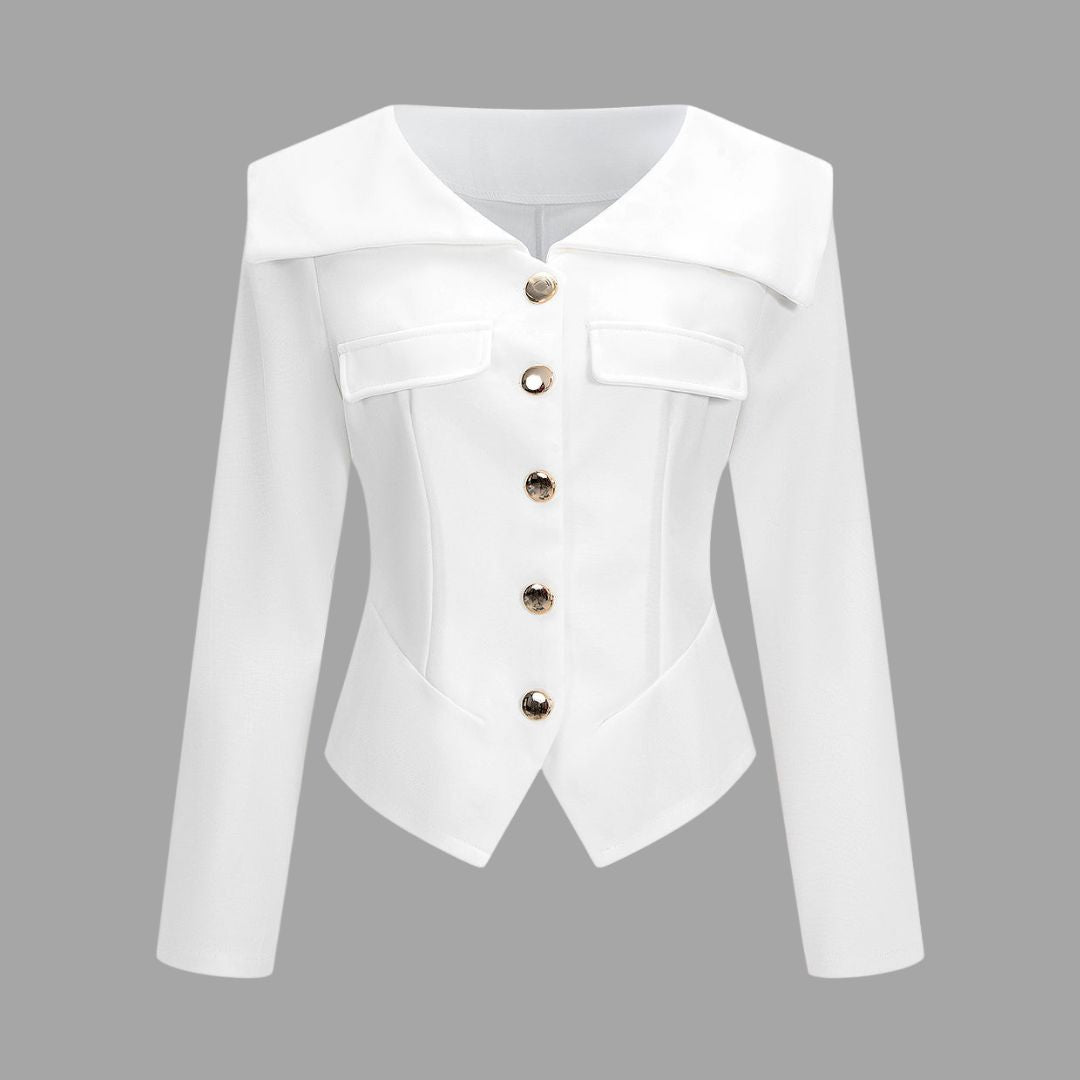 Vit figursydd kavaj i bomull med bred krage och dekorativa guldknappar