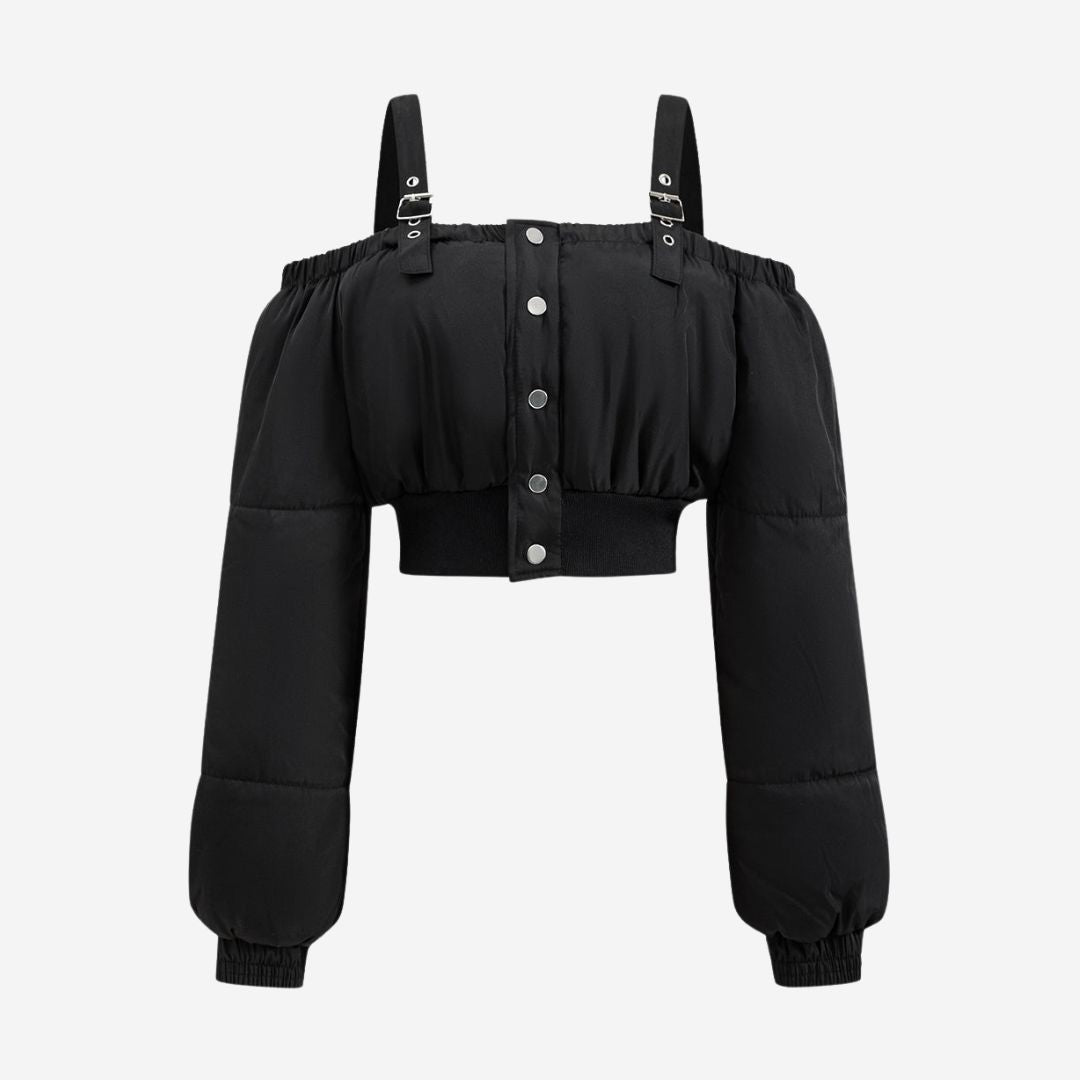 Svart avskalad puffjacka med off-shoulder-design och justerbara axelband