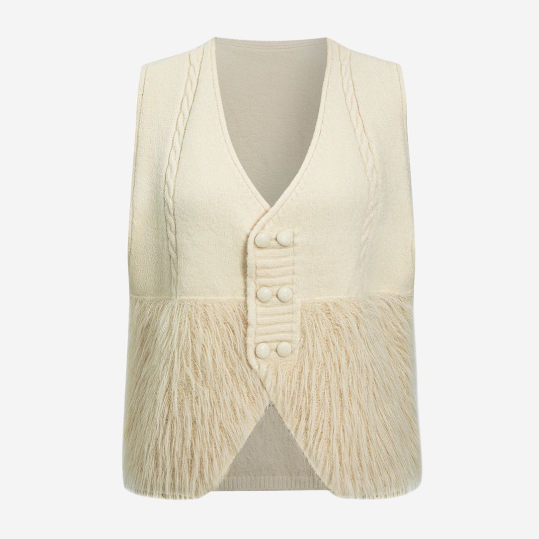 Beige stickad väst med dekorativa knappar och mjuk fuskpäls