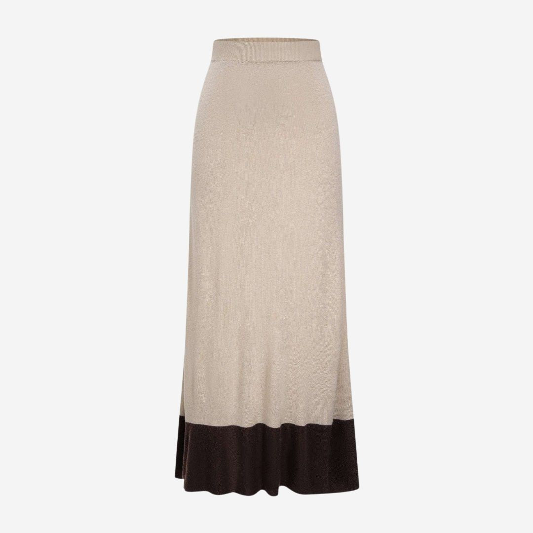 Beige Stickad maxikjol med kontrastkant och lätt textur för en stilren vardagslook