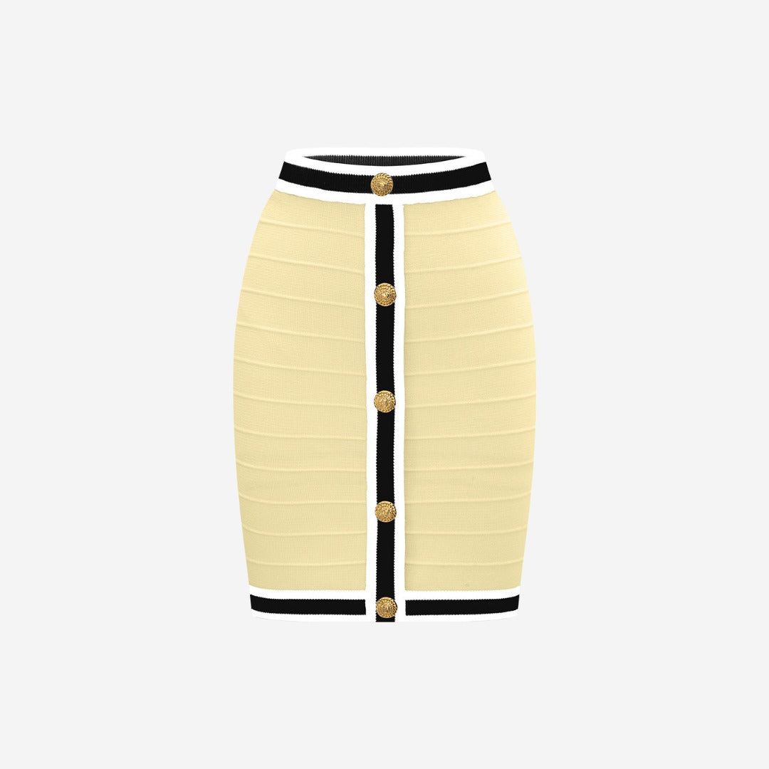 Kroppsnära stickad kjol i trikå med dekorativa knappar och kontrastkant