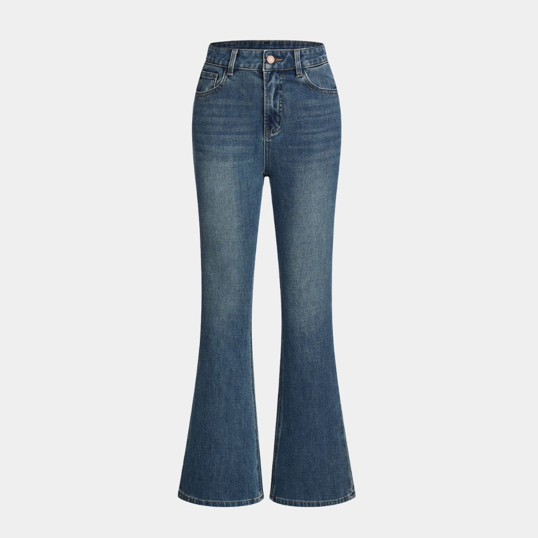 Mörkblå utsvängda jeans med vintage tvätteffekt, låg stretch och figurnära passform i mjuk bomullsdenim