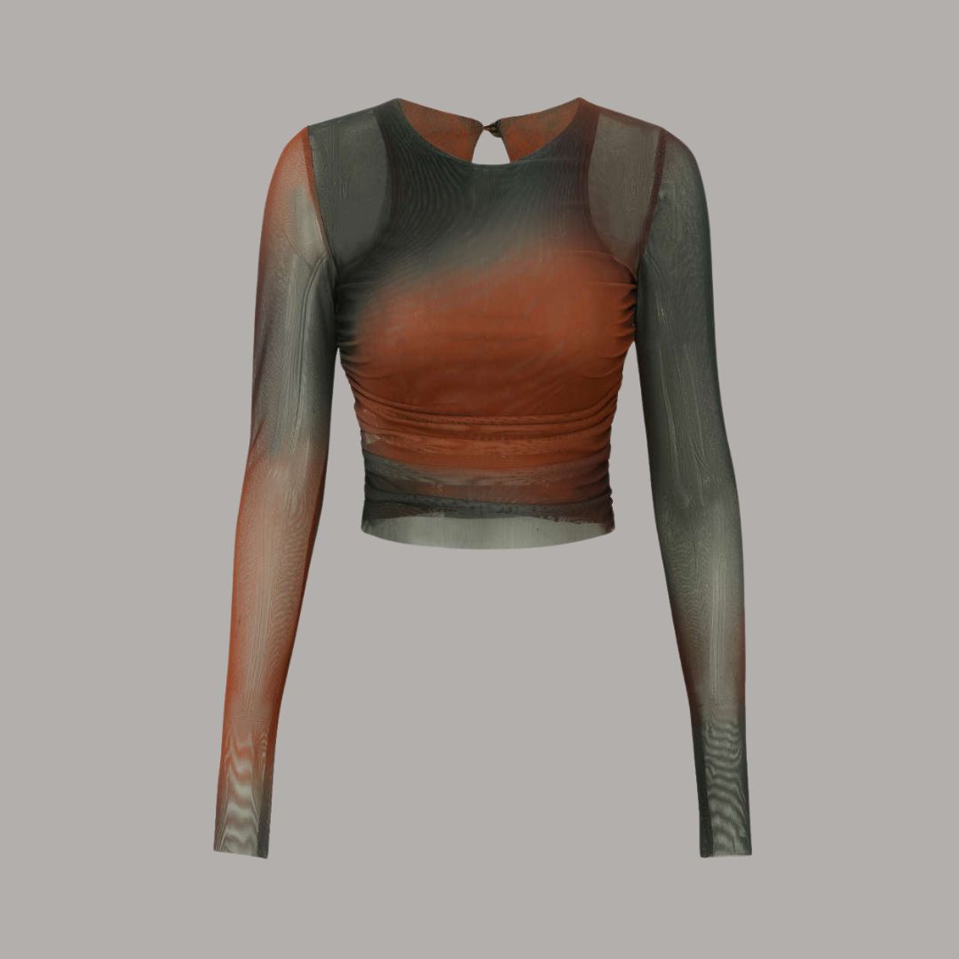 Transparent långärmad mesh-topp i ombrétoner med kroppsnära passform