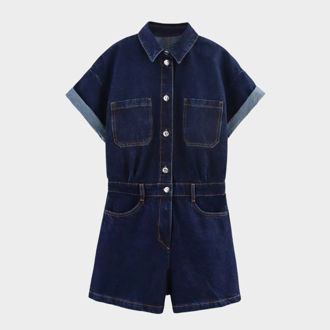 Kortärmad jeansjumpsuit med skjortkrage och hög midja