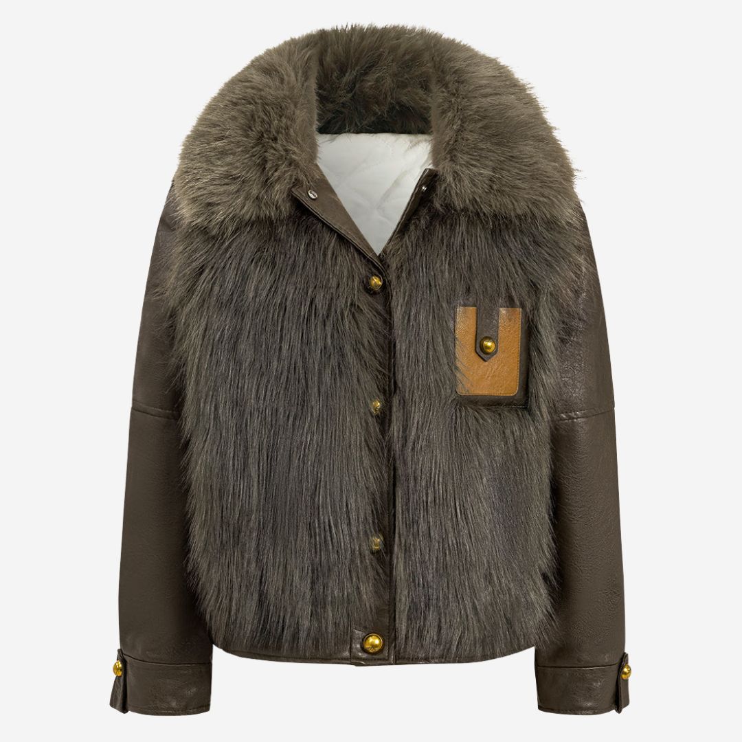Kaffebrun jacka i fuskläder med grå fuskpäls och bred krage för dam