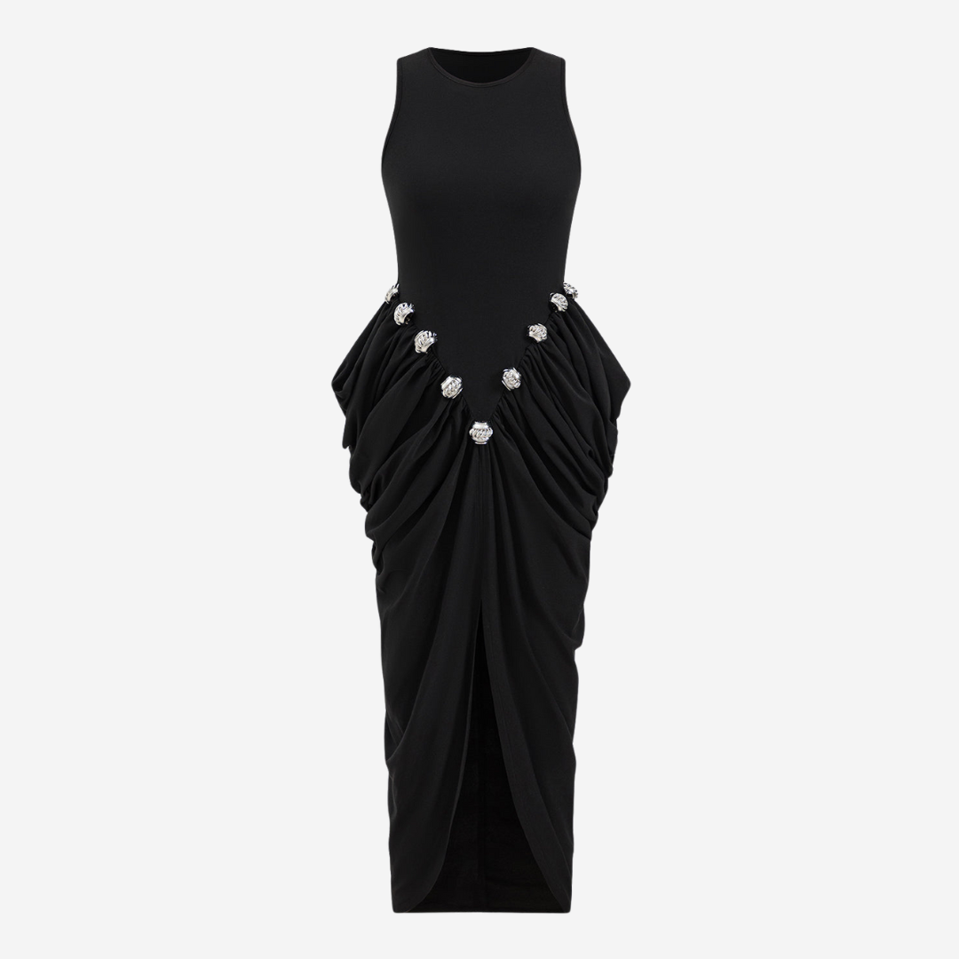 Figurnära svart midiklänning i stretchjersey med draperad kjol och gnistrande dekor