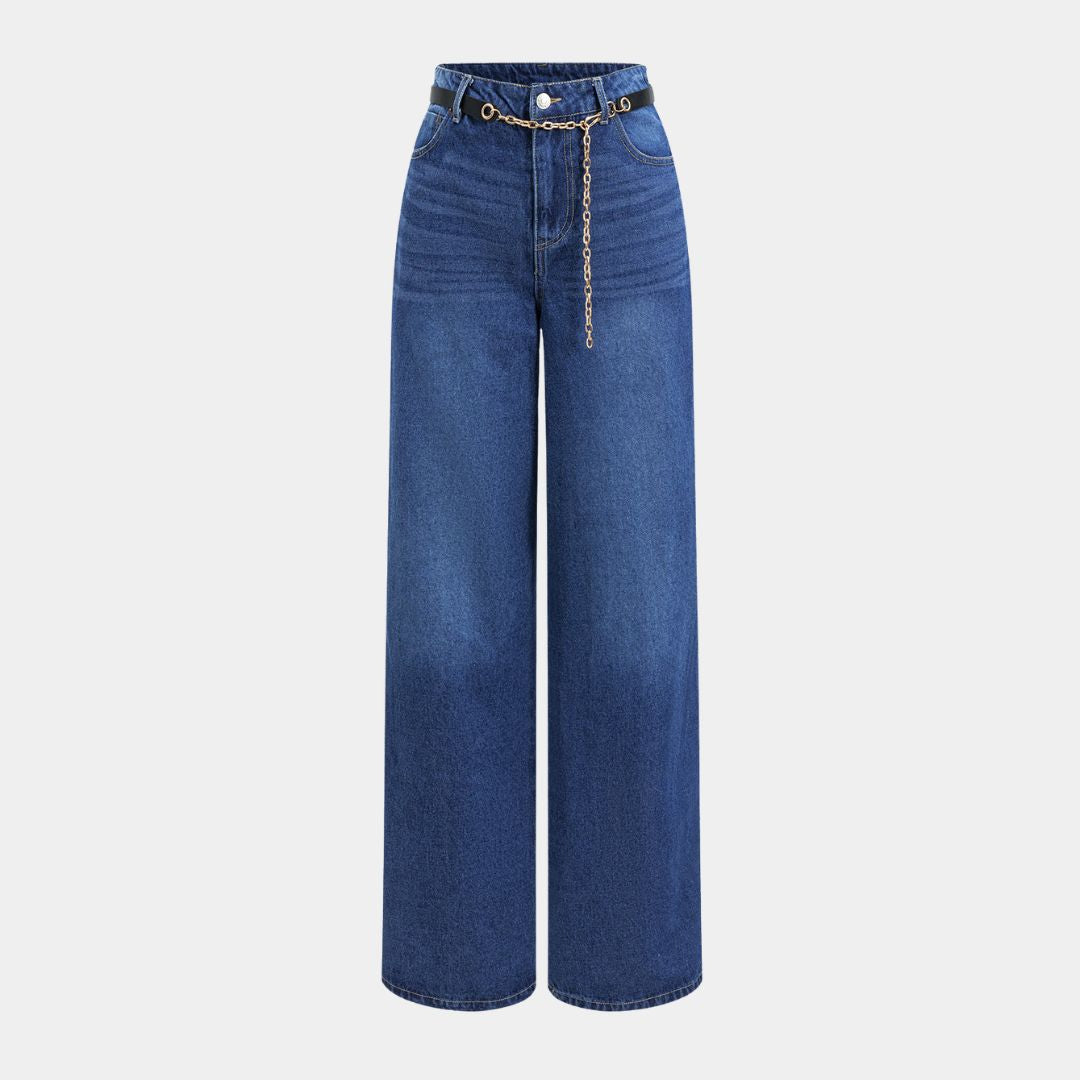 Djupblå jeans med bred passform, hög midja och avtagbart bälte med guldfärgad kedja
