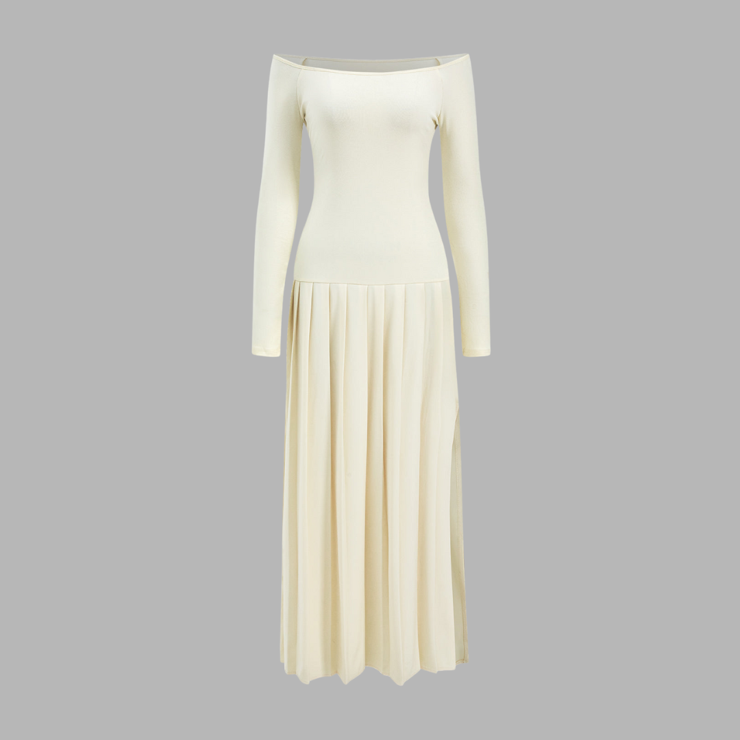 Elfenben lång axelbandslös klänning med plisserad kjol i mix av jersey och twill