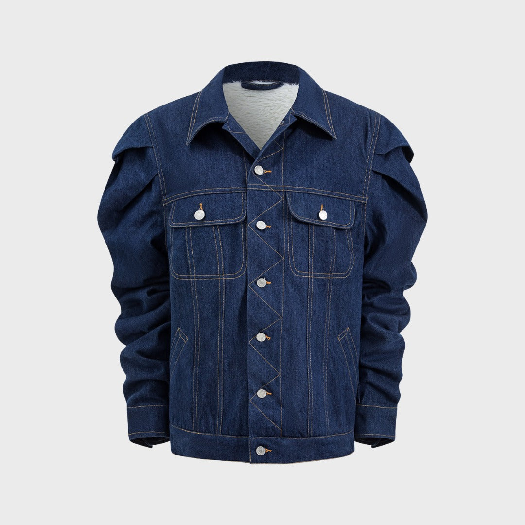 Strukturerad jeansjacka med puffärmar och markerade sömmar