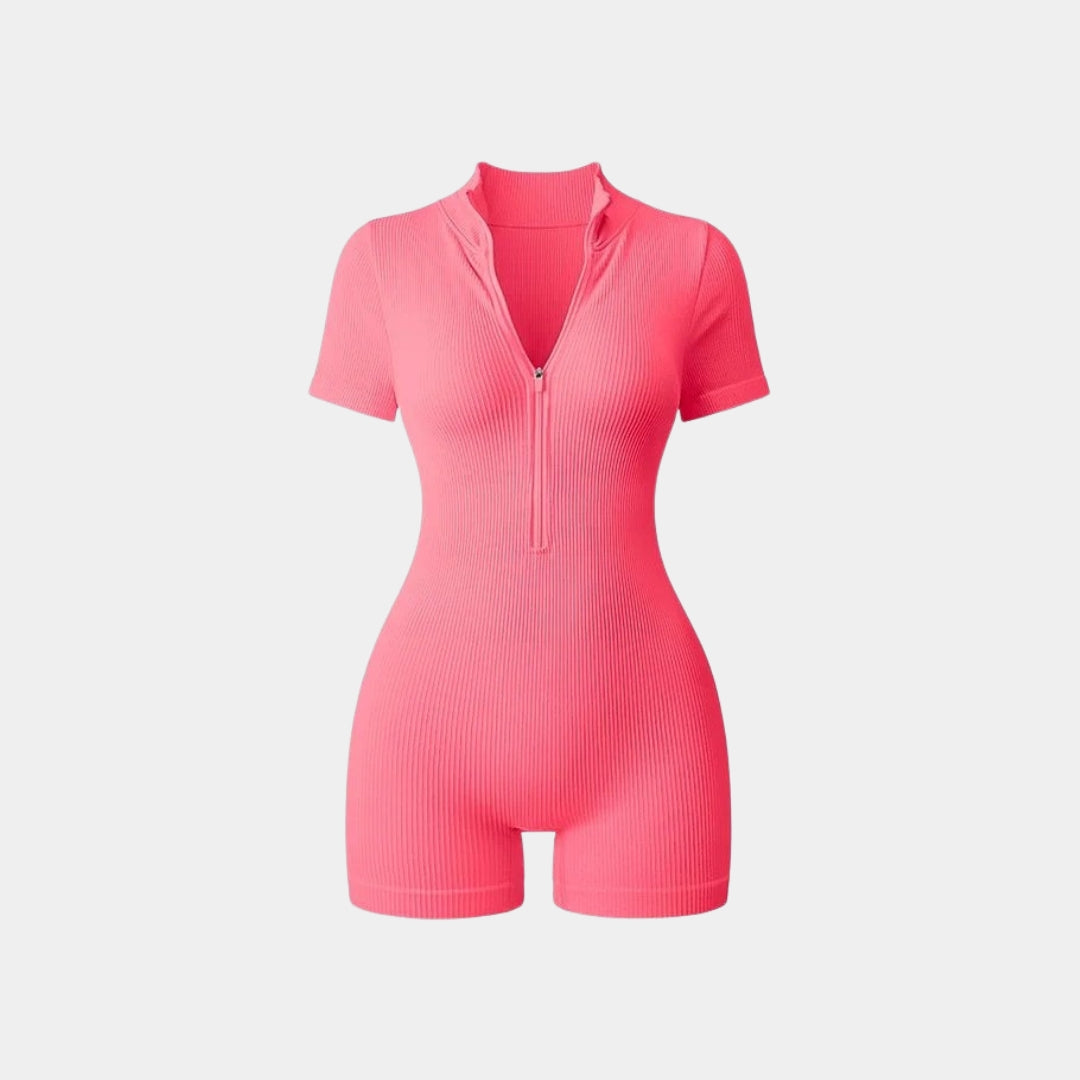 Ribbad one-piece med korta ärmar och ben samt midzip-dragkedja