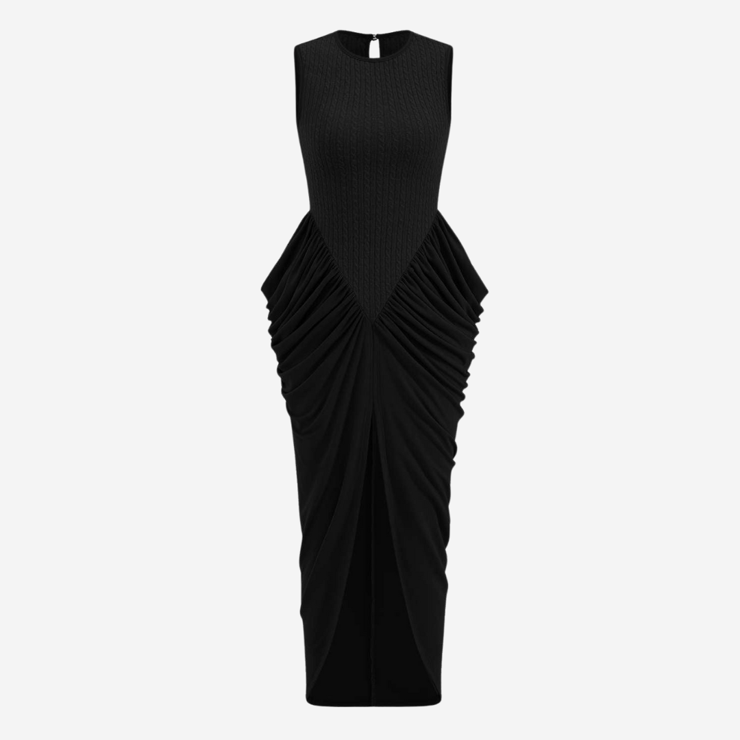 Midiklänning med stickad överdel och draperad kjol i stretchtyg med ärmlös skärning