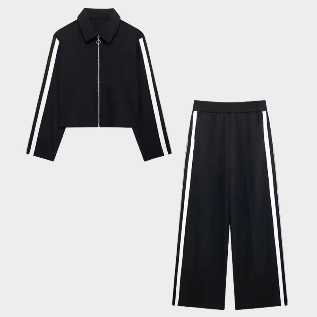 Tvådelad svart chique tracksuit i tjockt stretchmaterial med kontrastbyxor