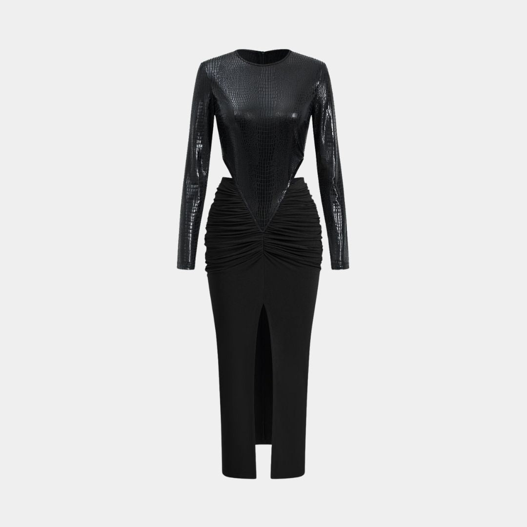 Midiklänning med långärmad topp i glansig krokodilpräglad imitation och draperad kjol i jersey med hög slits