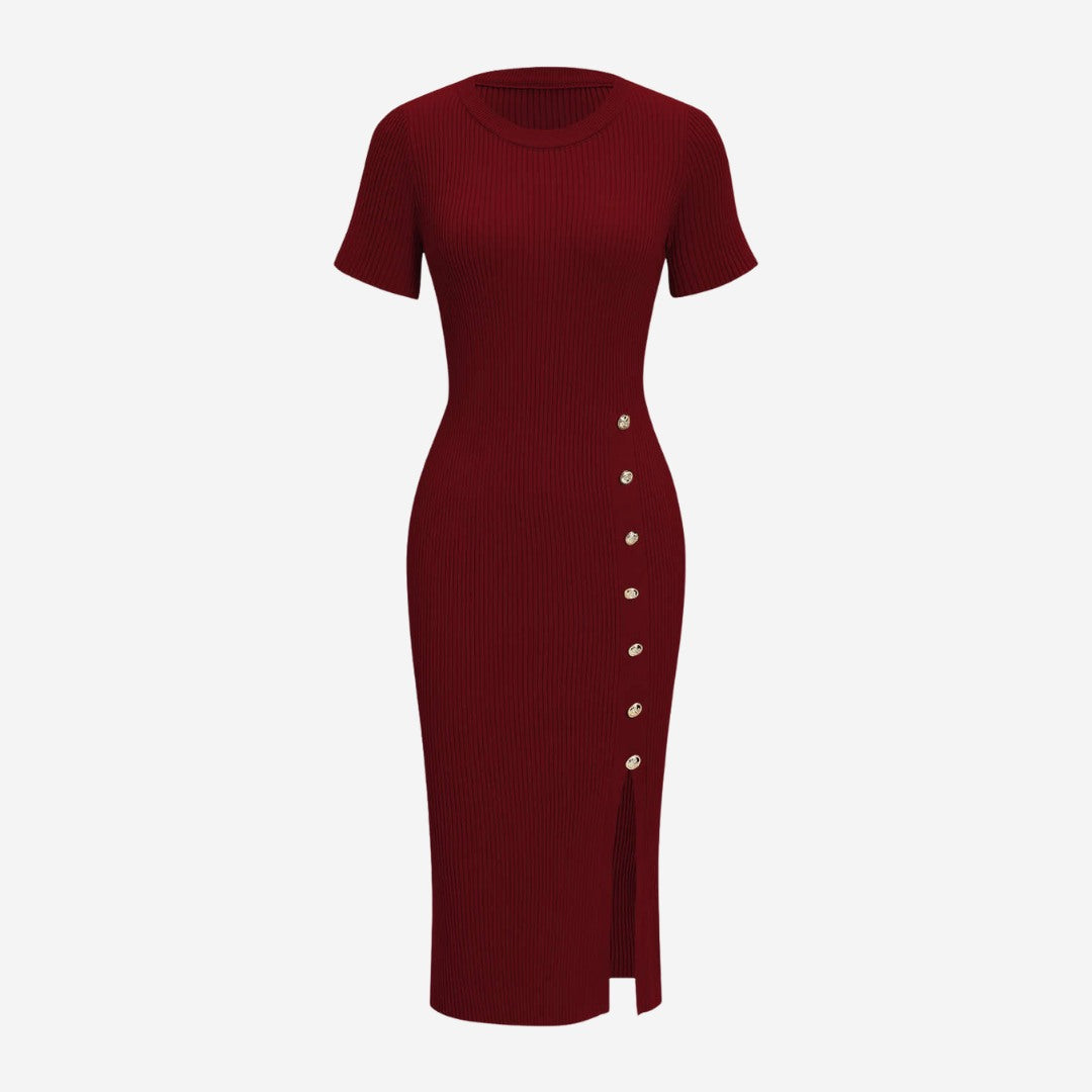 Stickad Asymmetrisk Klänning Med Midjaknappar Kort Ärmar