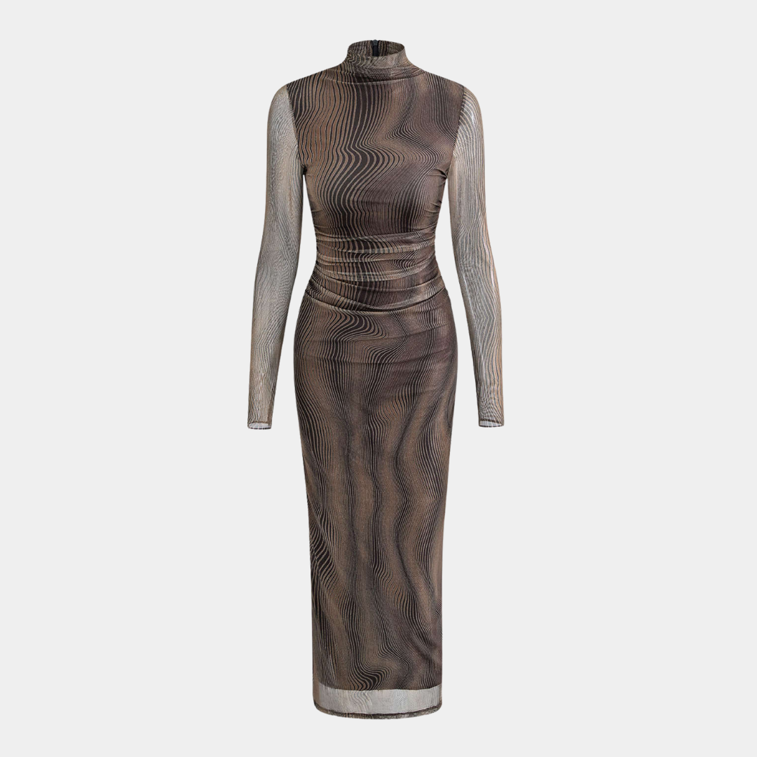 Brun långärmad midiklänning i mesh med hög hals och vågmönstrat tryck i bruna och svarta nyanser