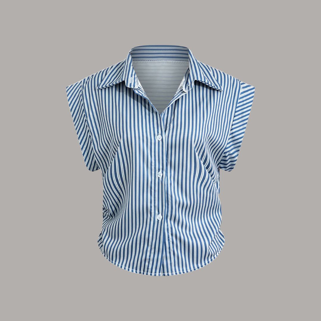 Blå- och vitrandig ärmlös skjorta med klassisk krage och figurnära passform