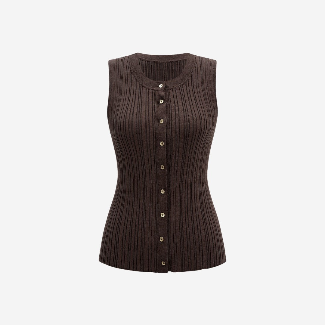 Brun ribbad trikåtopp med knappar och rund halsringning