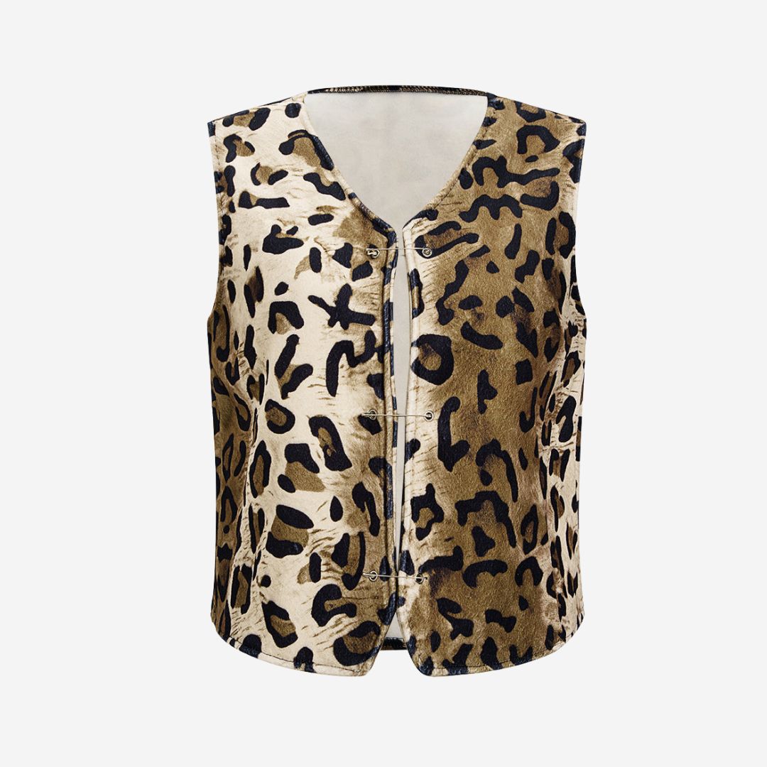 Ärmlös väst i leopardmönstrat ylletyg med säkerhetsnålstängning