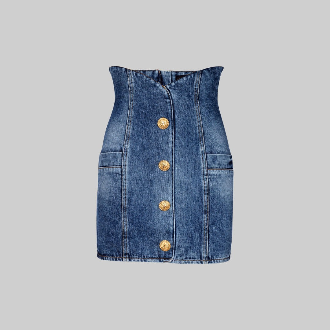 Högmidjad Denimkjol med Guldknappar och Figursydd Silhuett