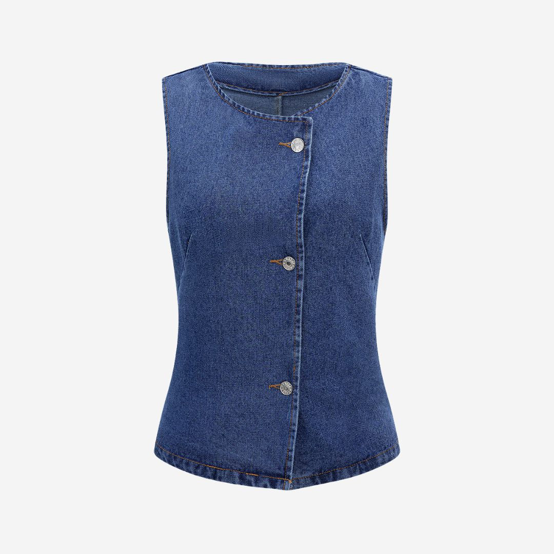 Ärmlös asymmetrisk jeansväst med markerade knappar och figurnära passform