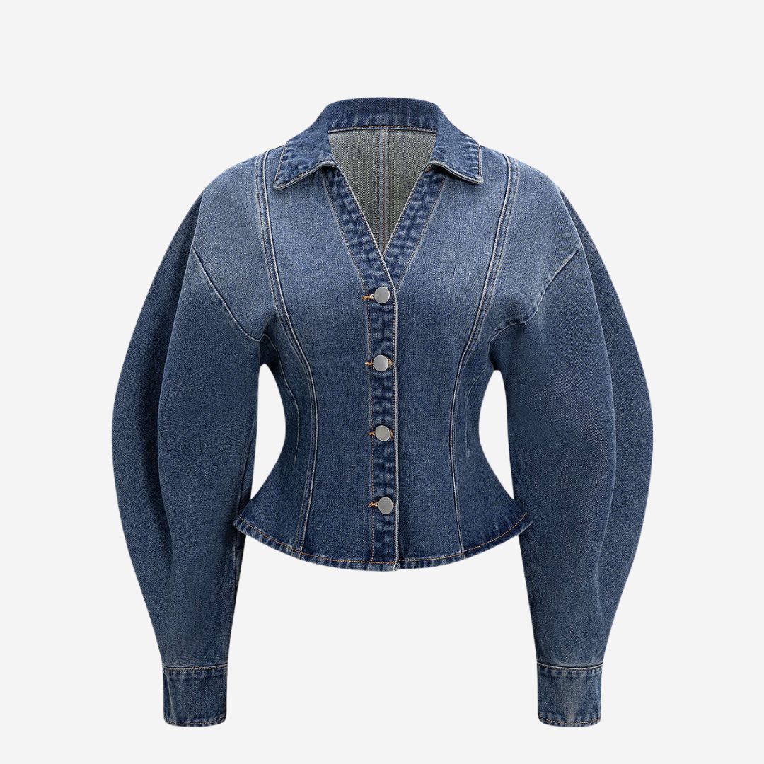 Blå Figursydd jeansjacka med markerade sömmar och voluminösa ärmar