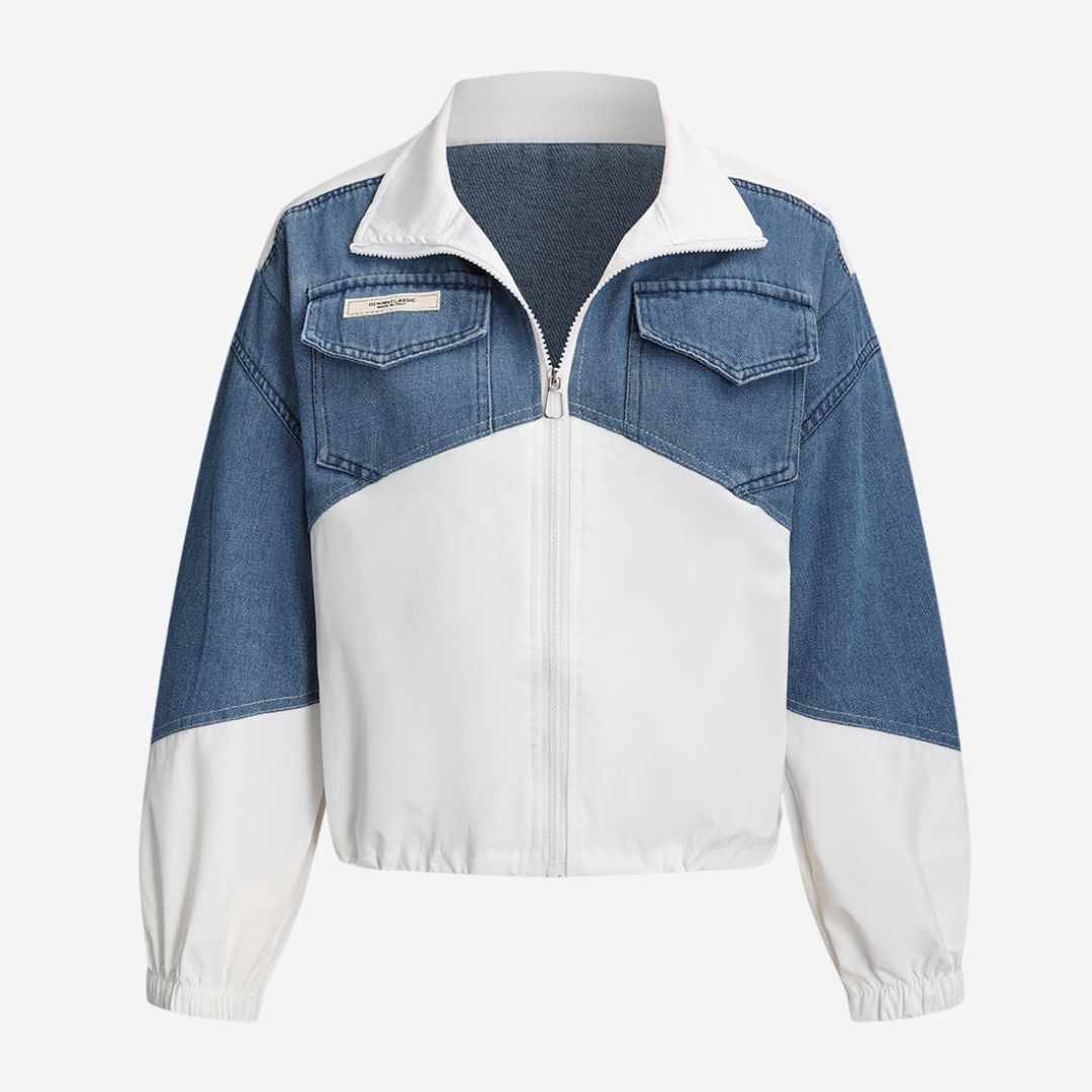 Vit sportjacka med denimöverdel i tvådelad design och dragkedja