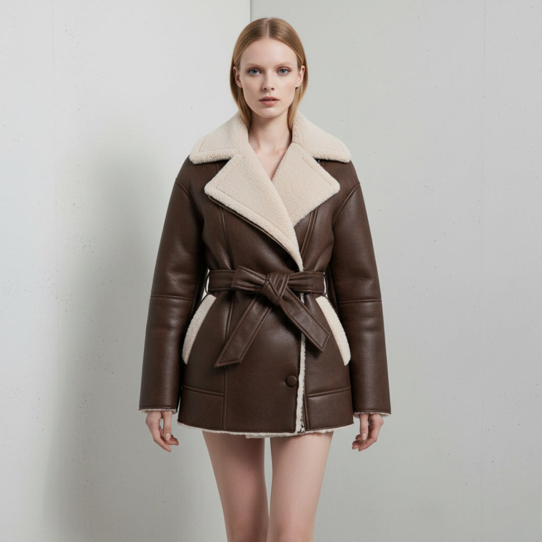 Brun jacka i fuskläder med fuskpälsfoder och knytskärp