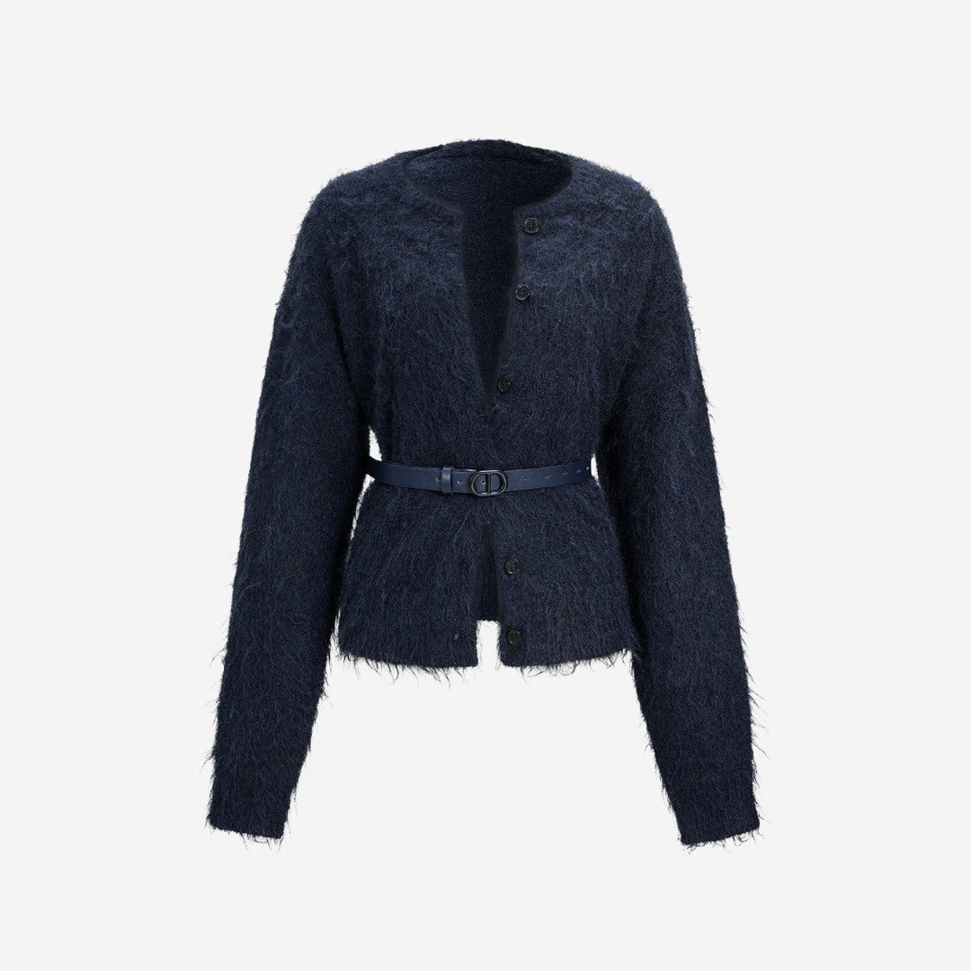 Marinblå fluffig stickad cardigan med bälte och knappar framtill