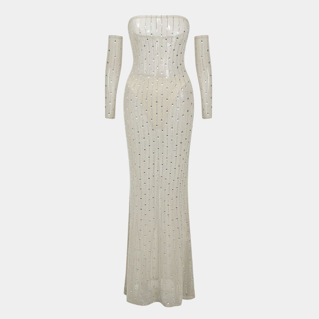 Nudefärgad axelbandslös lång klänning i mesh med kristallapplikationer och avtagbara ärmar