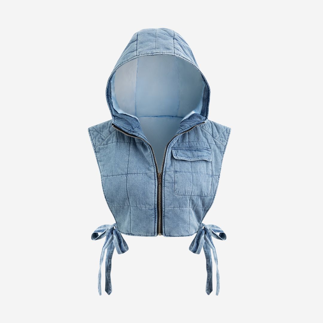Ärmlös vadderad denimväst med huva och sidosnörning