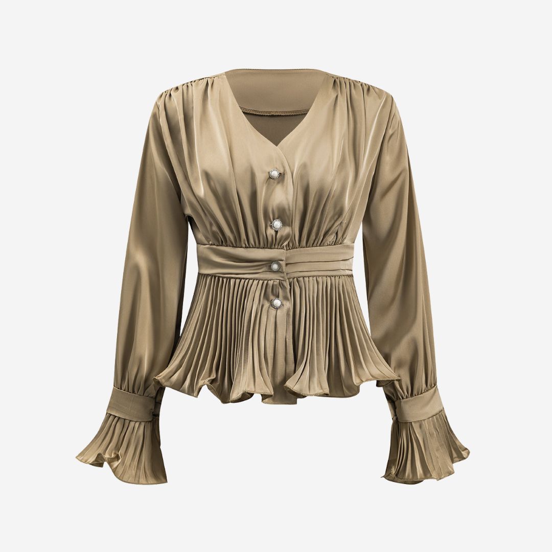 khakifärgad satintopp med plisserade detaljer och pärlknappar