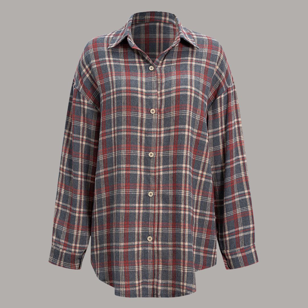 Grå rutig oversize twillskjorta med knytdetalj i midjan och mjuk borstad yta