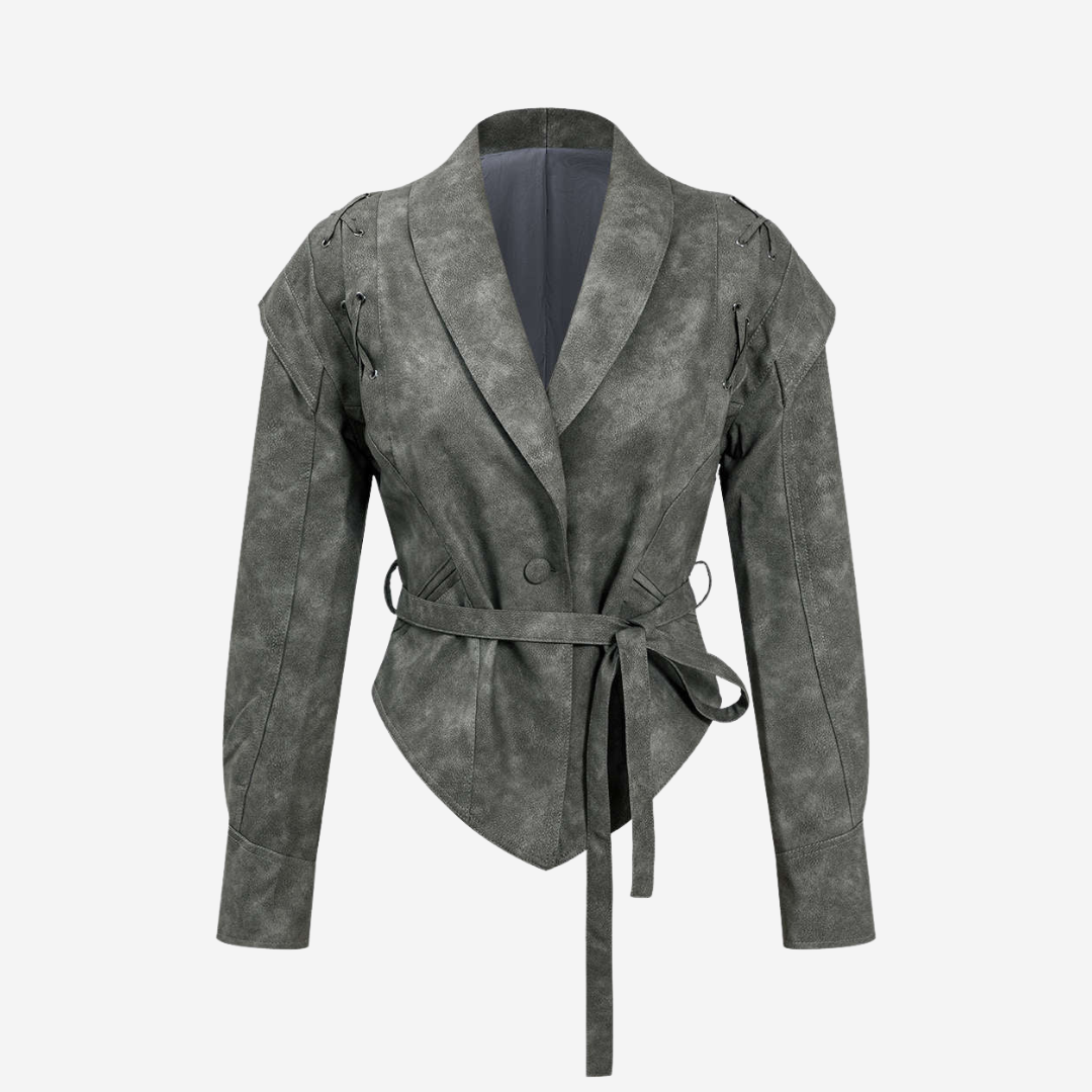 Kort breda axlar oversized jacka i veganskt läder med snörningsdetaljer och knytskärp