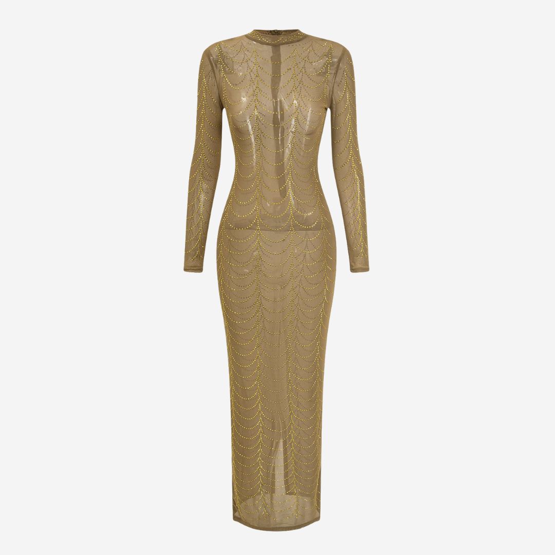Guld lång figurnära klänning i mesh med gnistrande dekor och sofistikerad transparens
