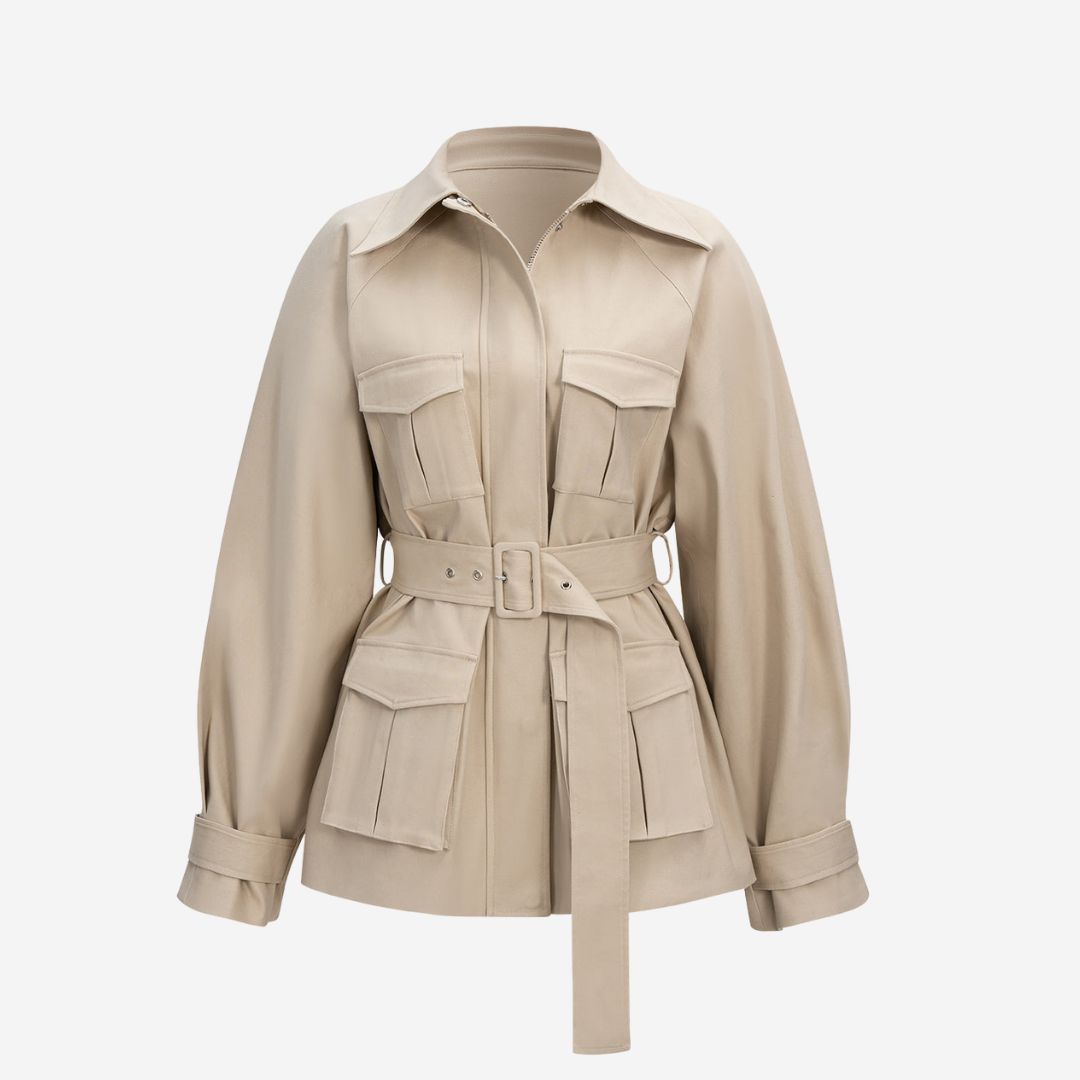 Beige utilityjacka i vävd twill med bälte fickor och voluminösa ärmar