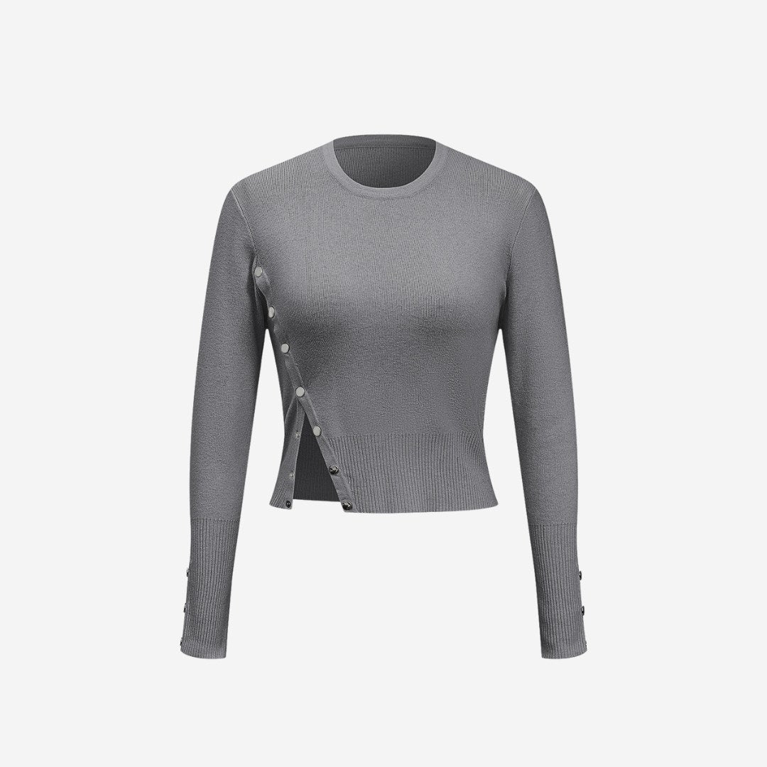 Grå slim fit stickad topp med asymmetrisk knappdetalj och rund halsringning