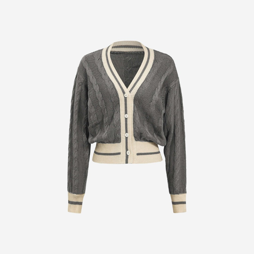 Stickad kofta kabelstickad färgblock V ringad cardigan