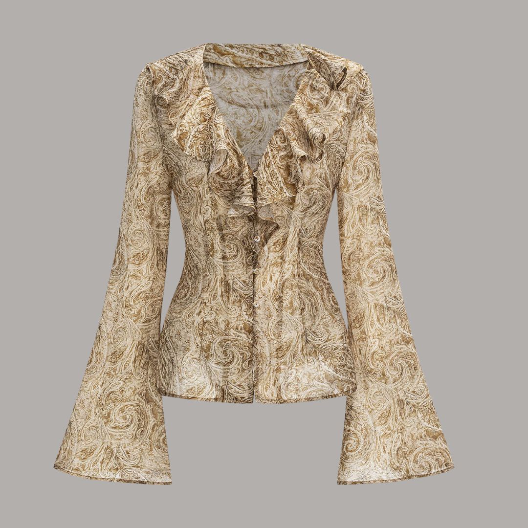 Khaki paisleymönstrad topp med volangdetaljer och utsvängda ärmar i figurnära jersey