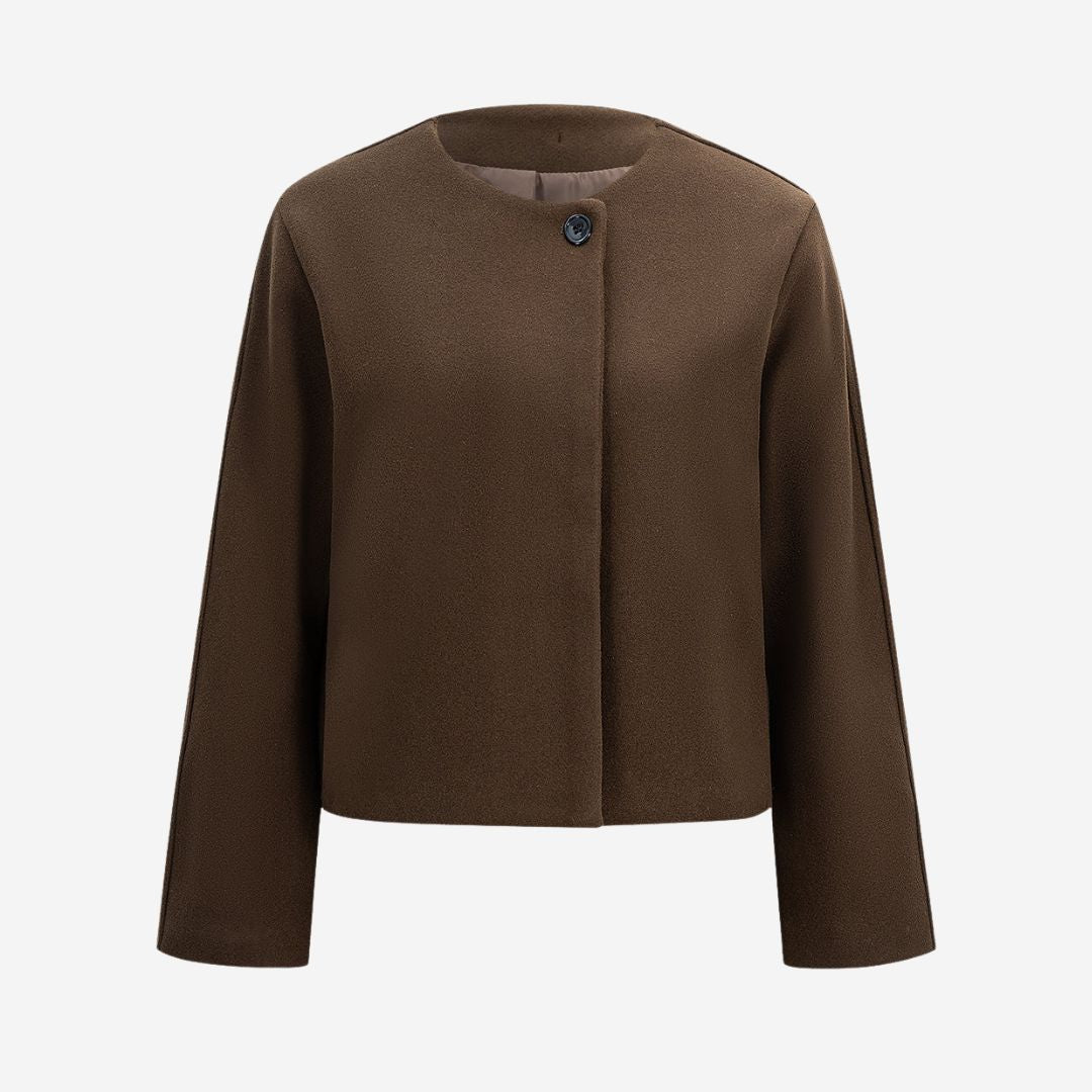 Brun kort jacka i ullmix med enkel knäppning för dam