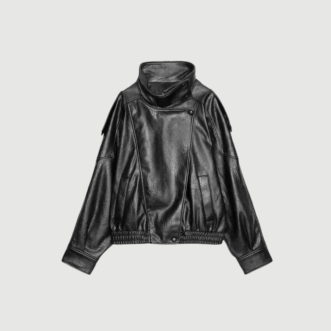 Svart pull-over jacka i fuskläder med ståkrage och asymmetrisk knäppning