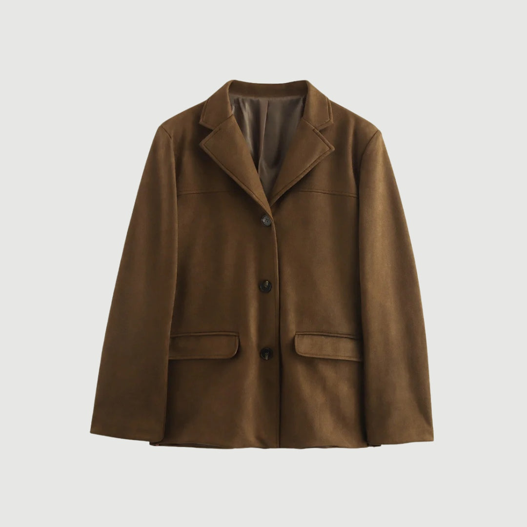 Oversized brun jacka i mockastruktur med knappar och slagkrage