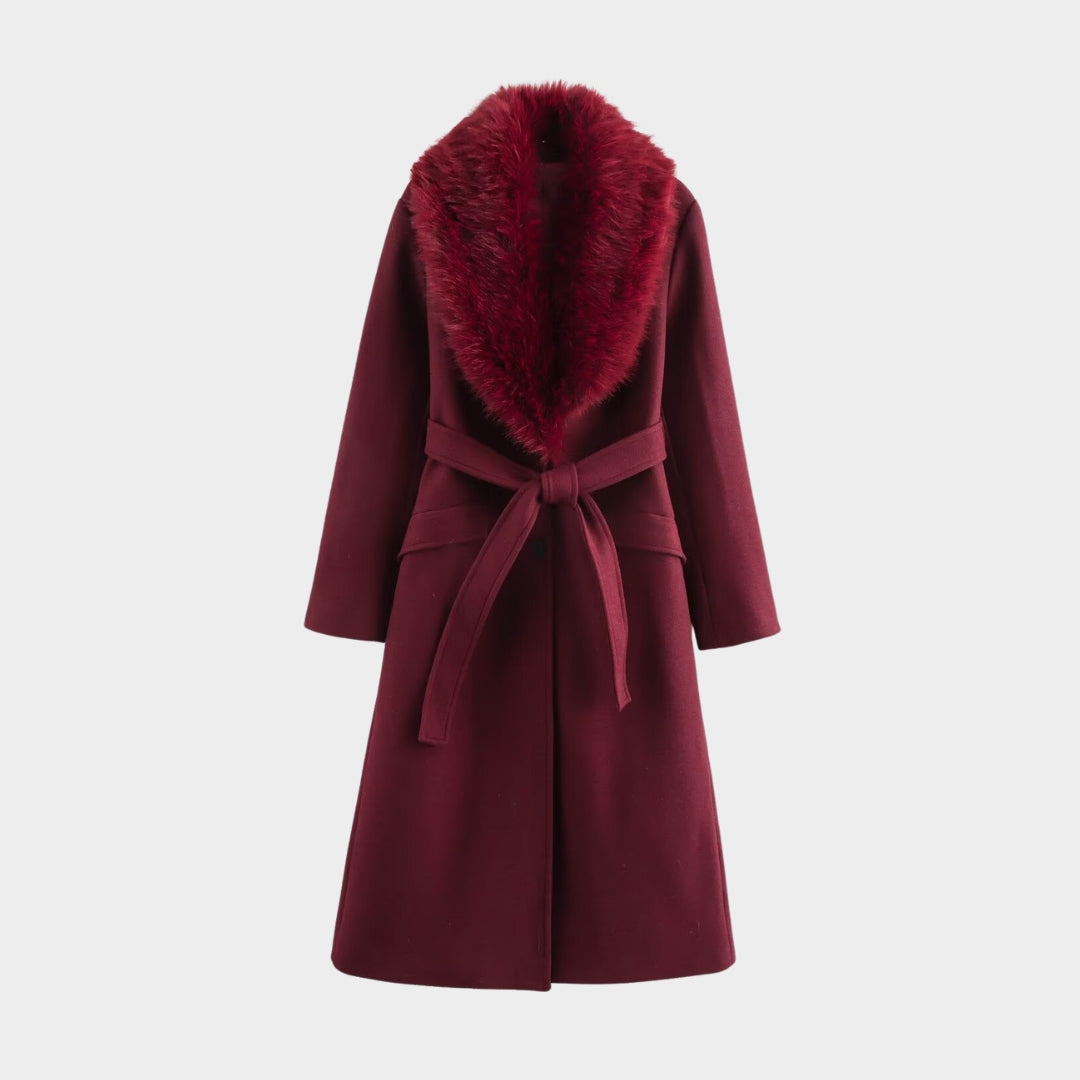 Lång kappa med fuskpälskrage midjebälte och knäppning