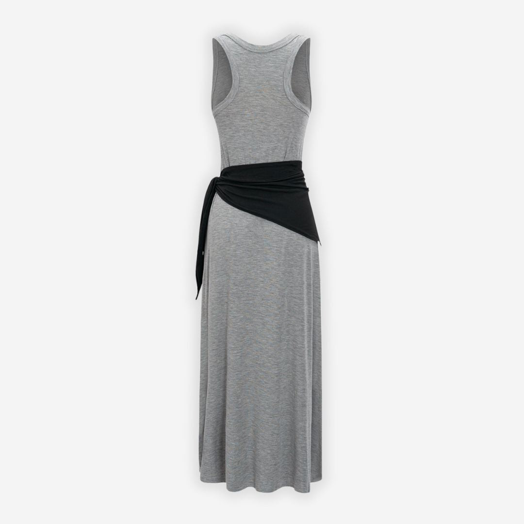 Grå Ärmlös bomullsklänning med rund hals och knytband i midjan