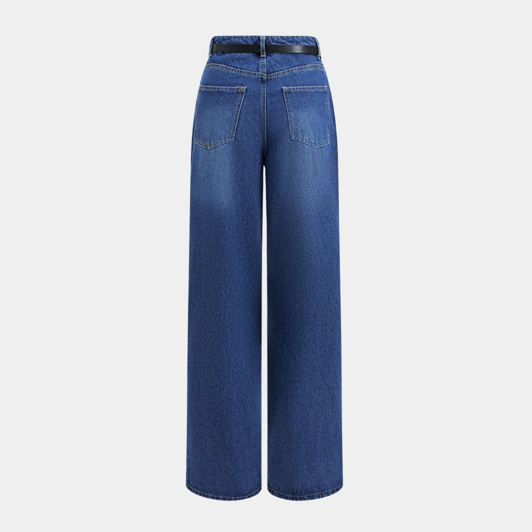 Djupblå jeans med bred passform, hög midja och avtagbart bälte med guldfärgad kedja