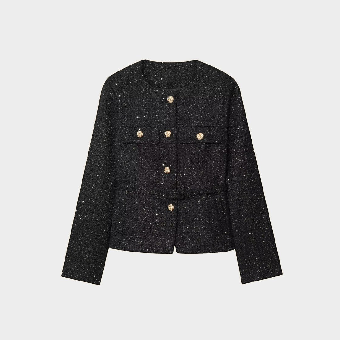 Jacka i tweedstil med rund hals paljettdetaljer och knäppning