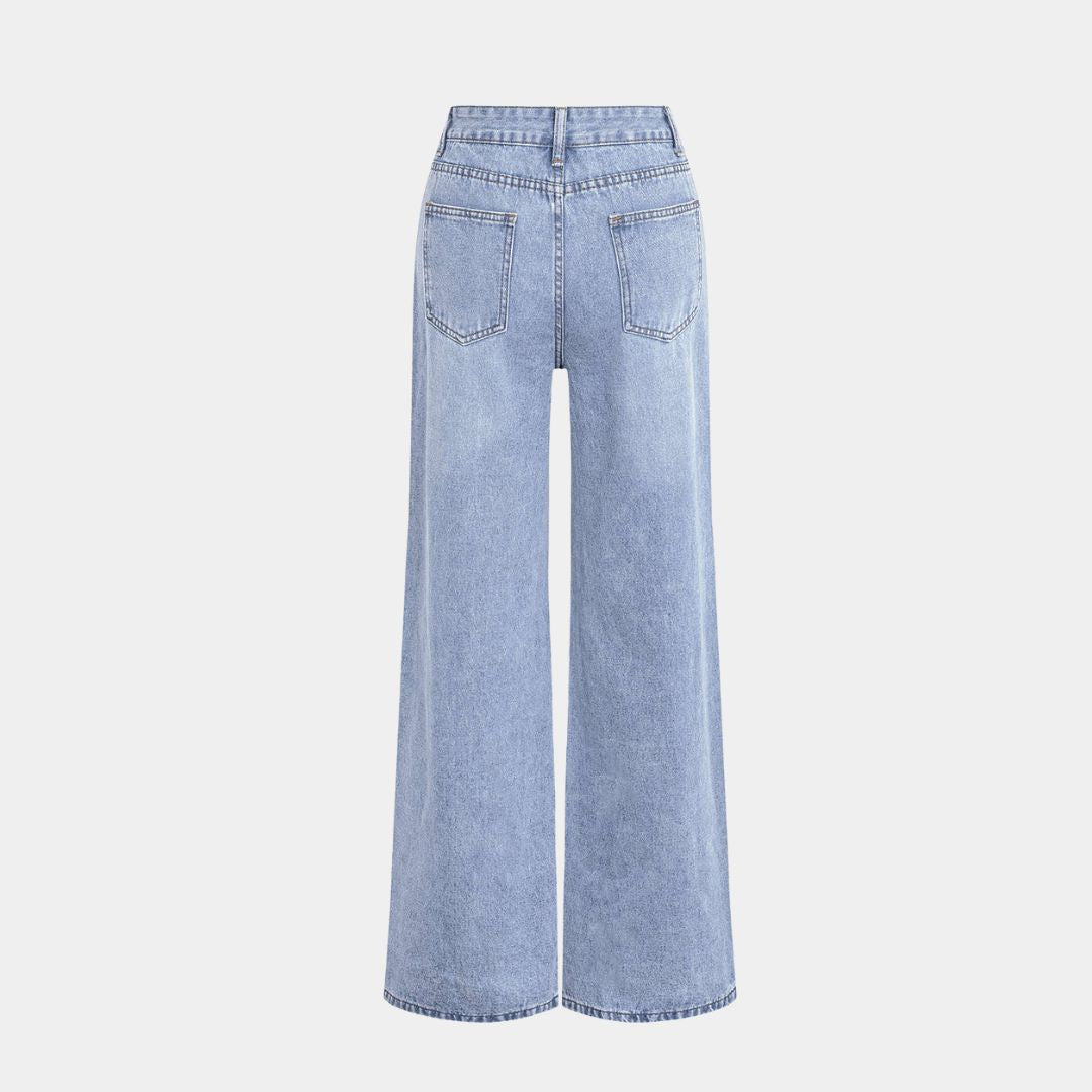 Ljusblå jeans med breda ben, råa slitningar och lätt stretch i mjuk bomullsdenim