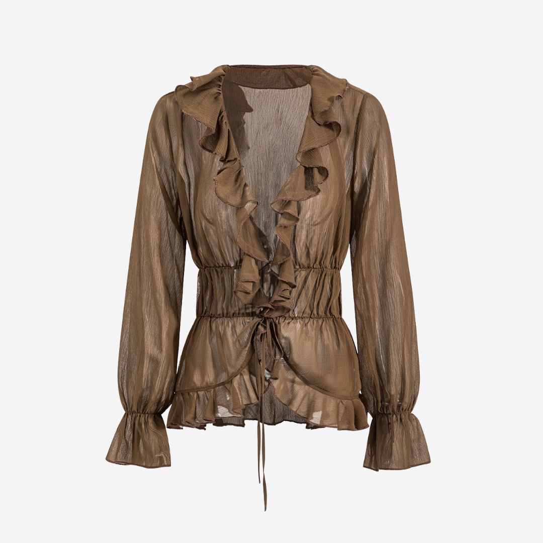 Brun transparant volangblus i lätt strukturerat tyg med markerad midja och knytband