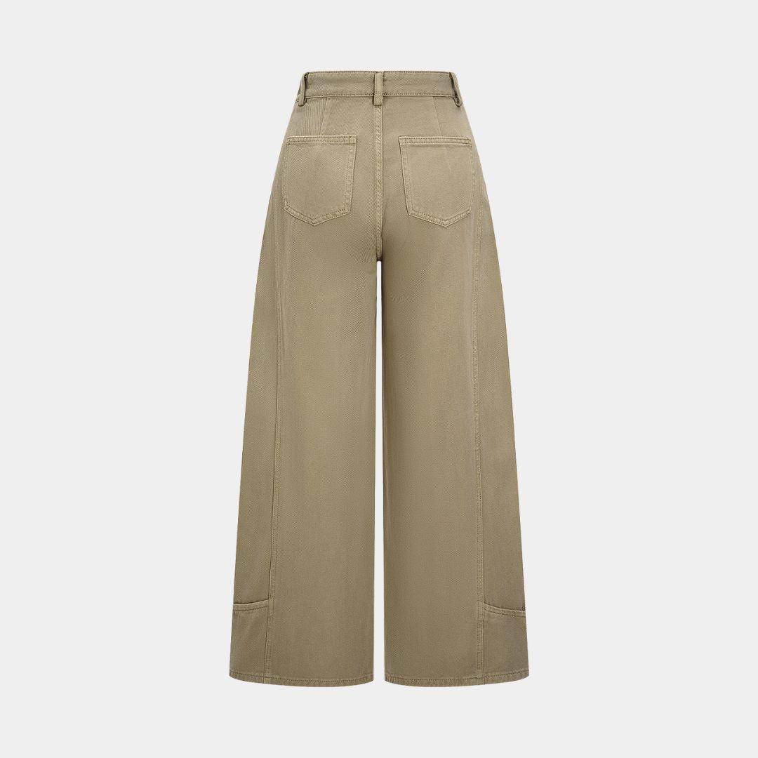 Khakifärgade vida workwear-jeans med markerade sömmar, raka ben, bakfickor och strukturerad denim utan stretch