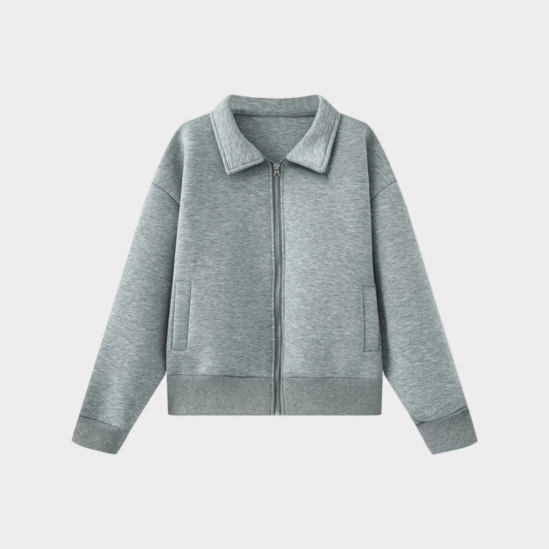 Kort grå pilotjacka i polyester med dragkedja och klassisk krage