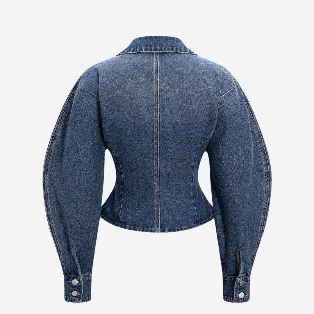 Blå Figursydd jeansjacka med markerade sömmar och voluminösa ärmar